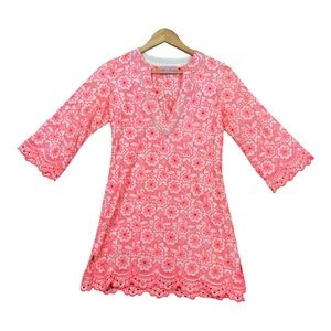 Miss June Paris Dress A Line Mini Boho Pink Size 1 Loose Fit Eyelet V Neck